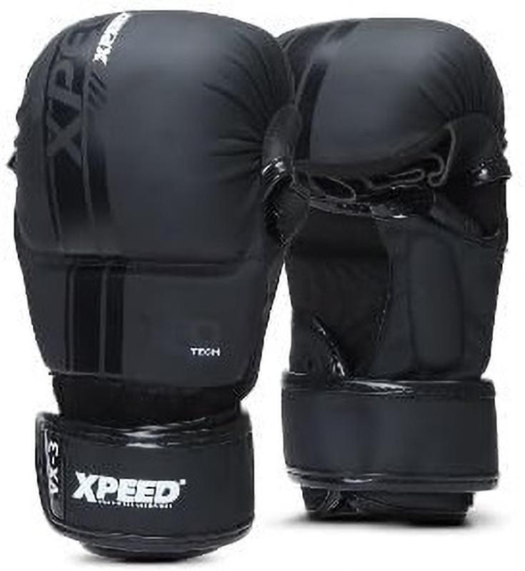 XpeeD Striking MMA Gloves | Matt PU Grappling Glove for Martail Arts Wrap Closure L/XL Boxing Gloves(Black)