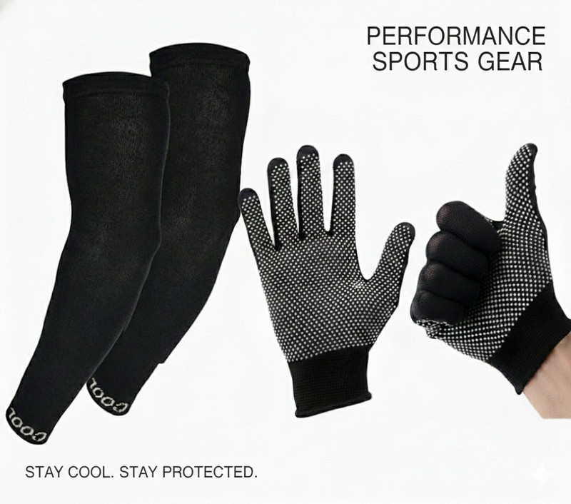 PIRENE Unisex Outdoor Sports Set: Cooling UV Sun Sleeves & Grip Gloves Cycling Gloves(Black)