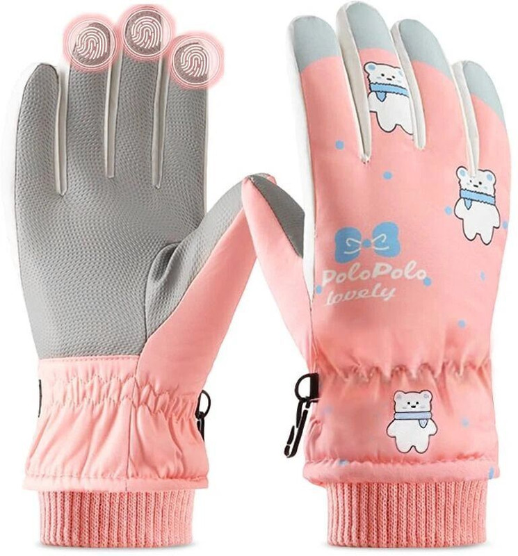 gustave Winter Ski Gloves Kids Cartoon Design Pink Polar Bear Skating Gloves(Pink)