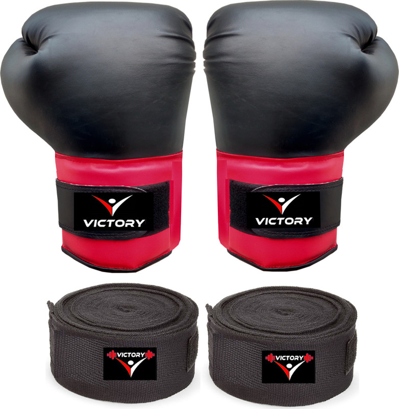 VICTORY Training Boxing Gloves With Boxing Hand Wrap for Punching, Sparring, Training Boxing Gloves(Black)