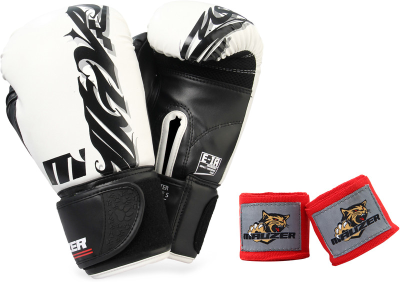 Mauzer Tribal Shadow Fighter Boxing Gloves & Plain Hand Wraps Combo Boxing Gloves(White, Black)