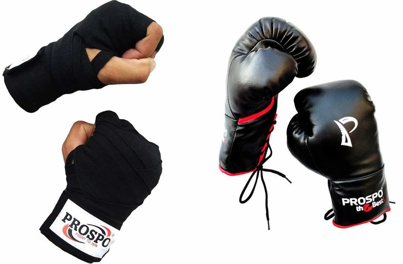 PROSPO Boxing Gloves with Laces and with Velcro,Glove and Handwrap Combo Size 8oz Boxing Gloves(Black)