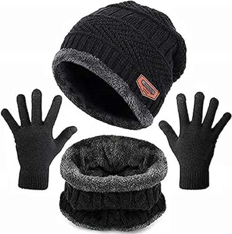 NKZ Woolen Winter Cap for Women & Men in Winter for Thermal Wear Soft Caps Riding Gloves(Black)