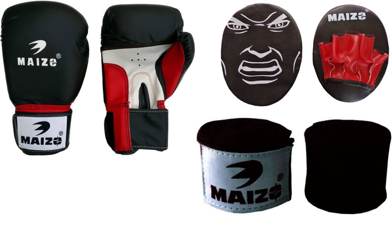 MAIZO Kids Punch Mitts focus Pad Combo With 100" Black Handwrap and Pro Training 8 Oz Boxing Gloves(Black, Red)