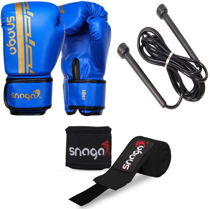 Snaga Premium Vegan Leather Boxing Gloves with Wrist Hand Wraps & Skipping Rope 12oz Boxing Gloves(Black)