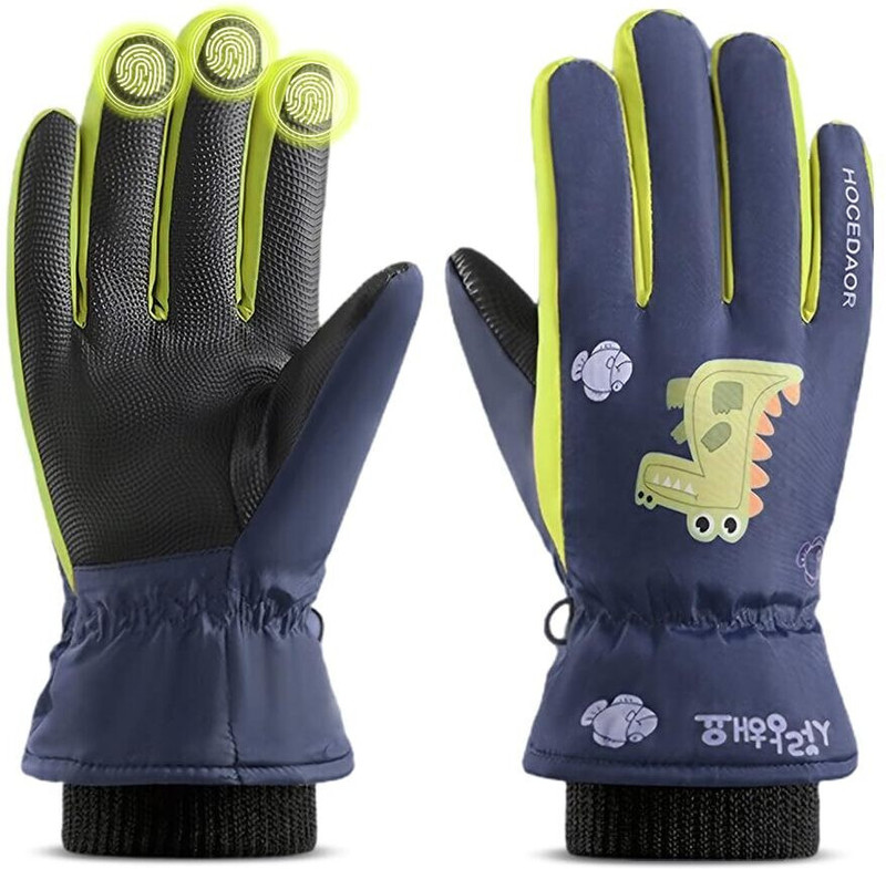 gustave Kids Winter Ski Gloves Fleece Lining Waterproof Dino Print Skating Gloves(Blue)
