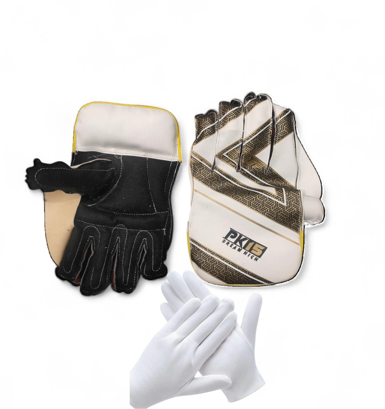 PK15 KEEPING GLOVES PRINT PK Wicket Keeping Gloves(WHITE GOLD BLACK)