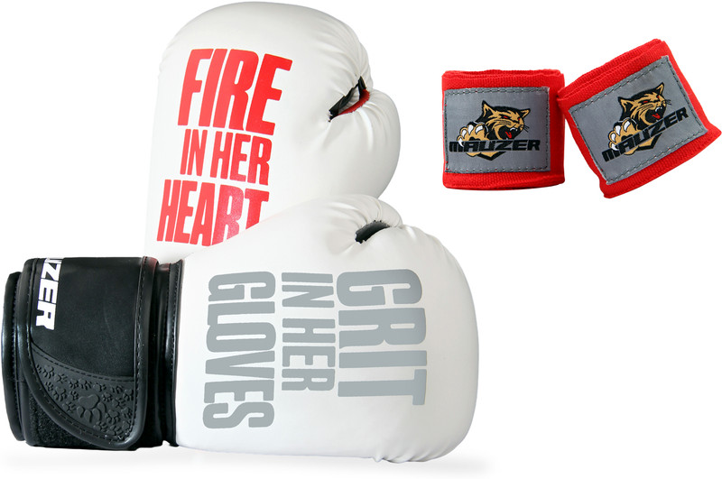 Mauzer Fire in Her Heart Warrior Women’s Gloves & Plain Hand Wraps Combo Boxing Gloves(White & Black)