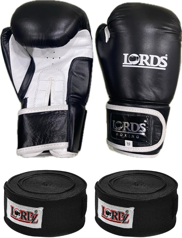 Lordz Premium Genuine Leather Boxing gloves with black hand wrap (Combo Pack) Boxing Gloves(Black)
