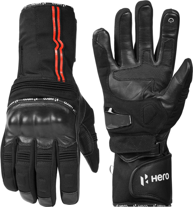 Hero Motocorp Long Leather and Polyester Full Riding Gloves - Knuckle & Palm Slider Protection Riding Gloves(Black)