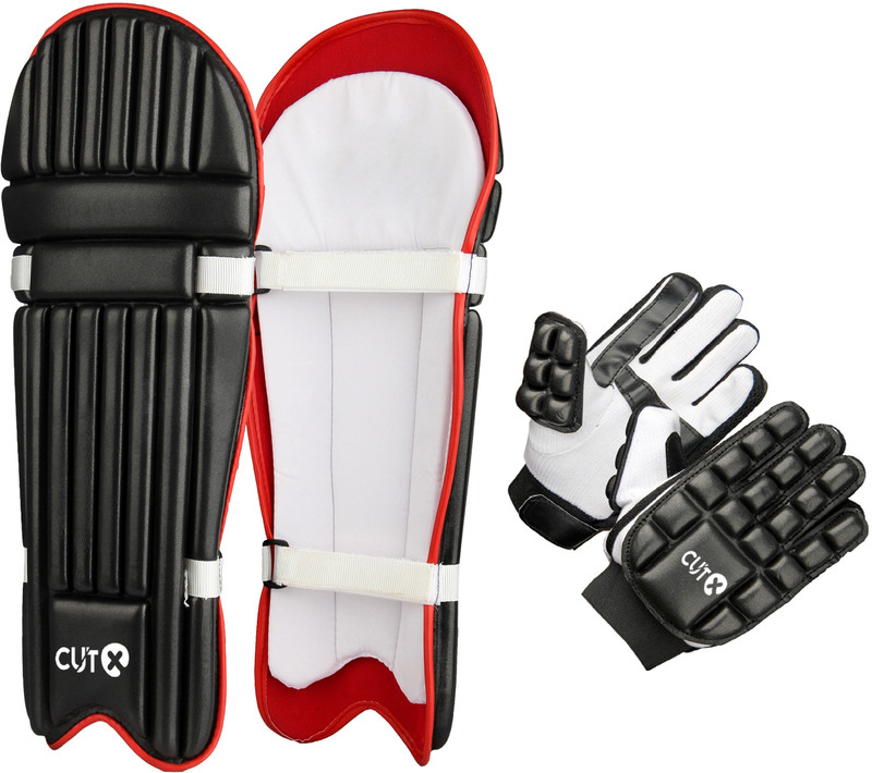 CUTX Combo Molded Batting Pad with Gloves, Black, Small Size, for 7 to 9 Yrs, R/H Batting Gloves(Black)