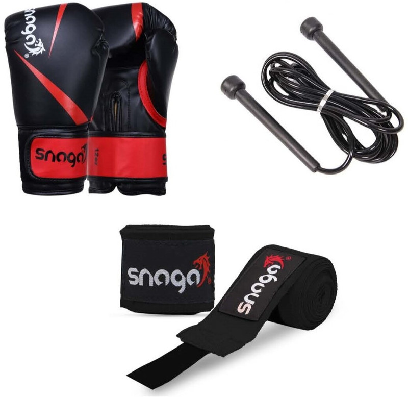 Snaga Vegan Leather Boxing Gloves with Supportive Hand Wraps & Skipping Rope 14oz Boxing Gloves(Red and White)