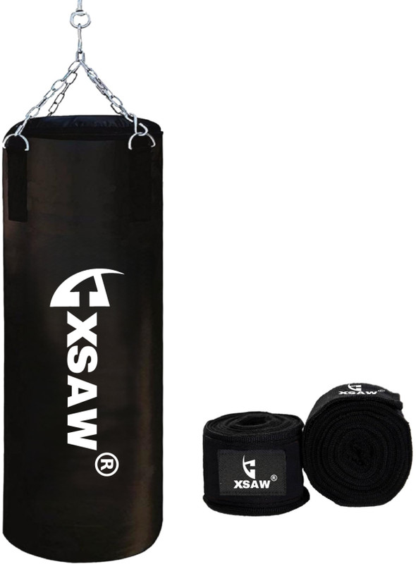 XSAW Unfilled Heavy Punching Bag (3 Feet) Synthetic Leather with Boxing Hand Wraps Boxing Gloves(Black)
