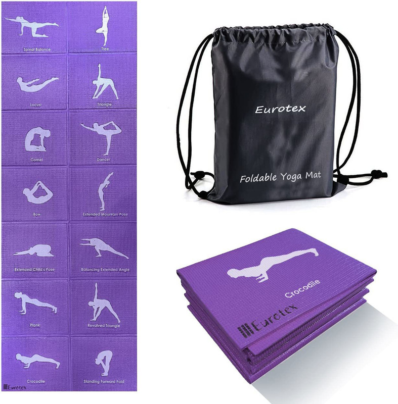 Eurotex Anti-Skid Exercise Mat with Carry Bag, 61cm x 173cm, Purple, Foldable, Anti Slip Purple 6 mm Yoga Mat