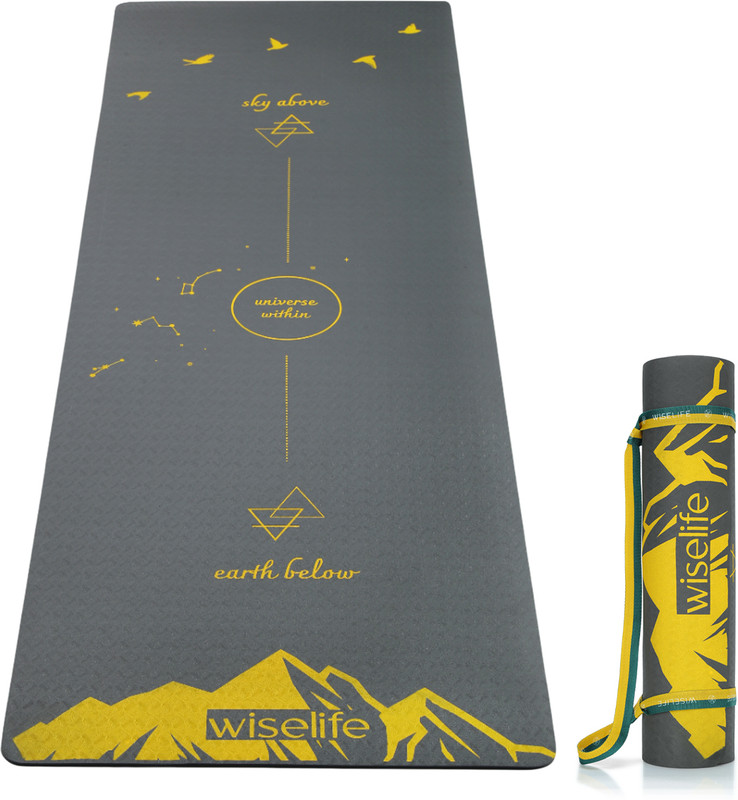 Wiselife Tpe Printed 6MM Yoga Mat + Yoga Strap For Men, Women, Kids Grey 6 mm Yoga Mat
