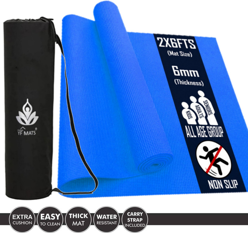 YFMATS 6MM-(blue)100% EVA ANTI SKID Light Weight YOGA MAT WITH CARRY STRAP Blue 6 mm Yoga Mat