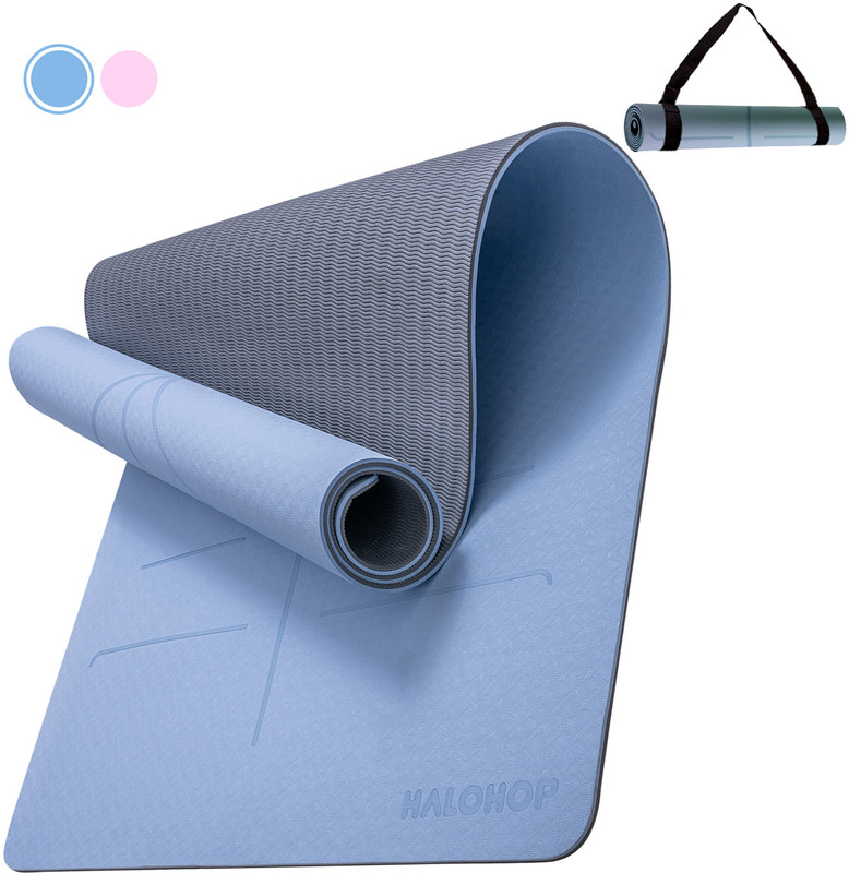 Halohop (183cm*61cm*0.6cm) Anti Slip TPE Material with Guide Align and Carry Strap Blue 60 mm Yoga Mat