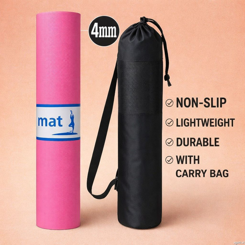 Bikauaa Yoga Mat with Carry Bag Pink 4 mm Yoga Mat
