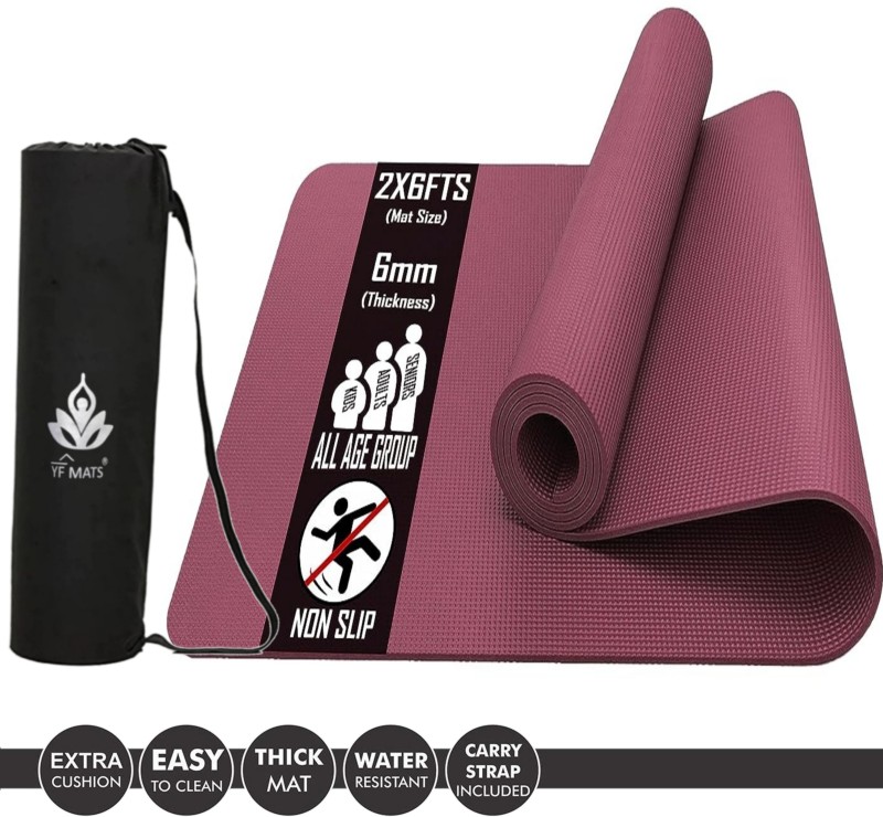 YFMATS 6MM Premium Eva with Tpe blend Anti slip Tearless Yoga mat with carry Bag Maroon 6 mm Yoga Mat