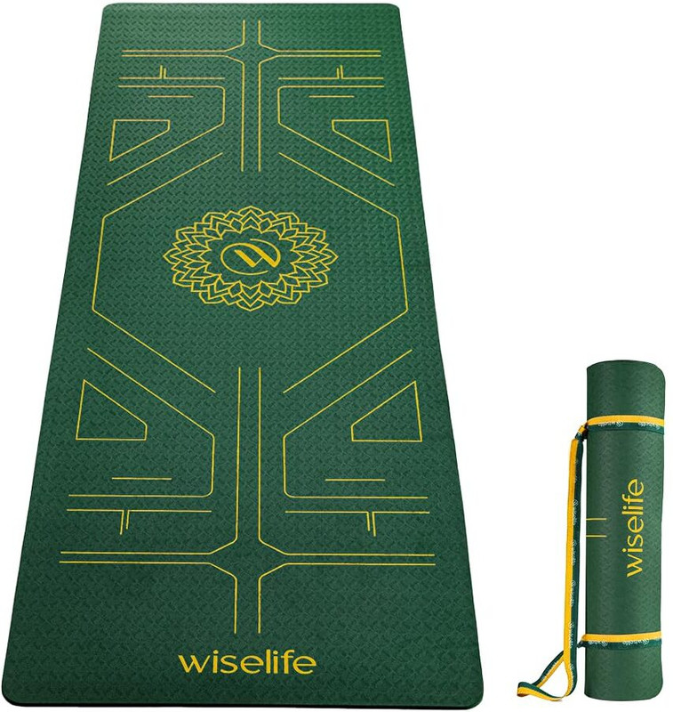 Wiselife TRU Alignment Yoga Mat + Strap Pro-Balance TPE Material Extra Thick Extra Long- Green 6 mm Yoga Mat