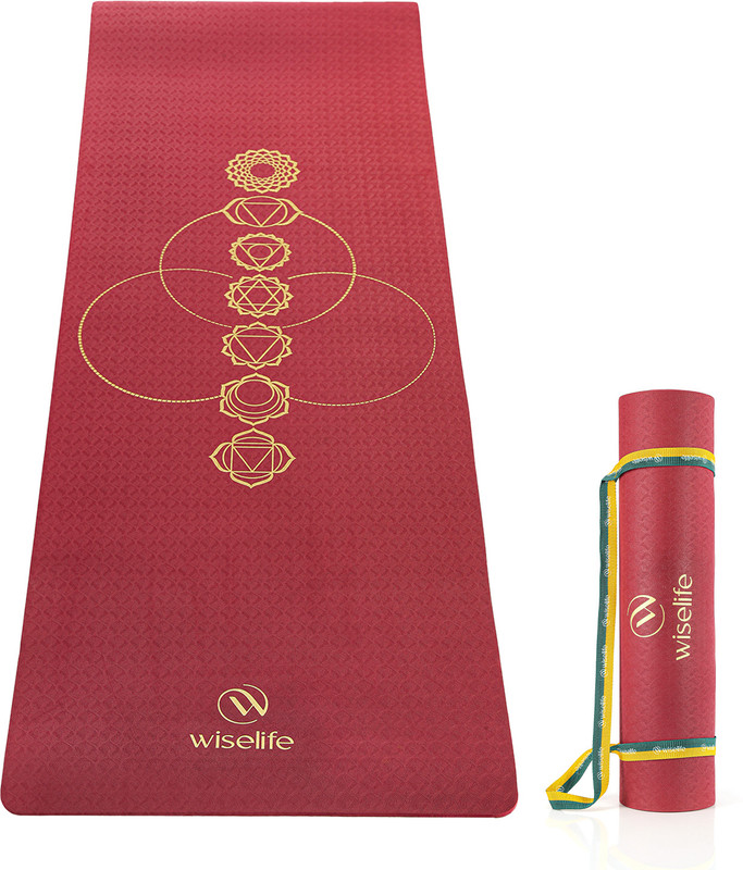 Wiselife 7 chakra Printed 6MM Yoga Mat + Yoga Strap For Men, Women, Kids | Anti-Slip - Maroon 6 mm Yoga Mat
