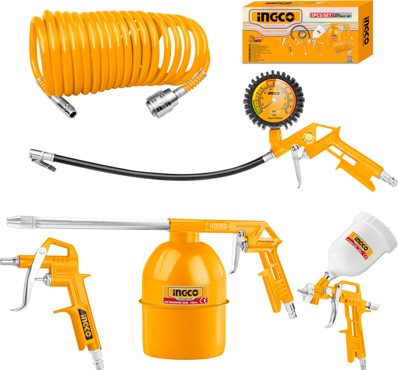 INGCO 5 Air Tools, Air Blow Gun Spray Gun Washing Gun Tire Inflating Gun Recoil Hose, Yellow Spray Paint 750 ml(Pack of 5)