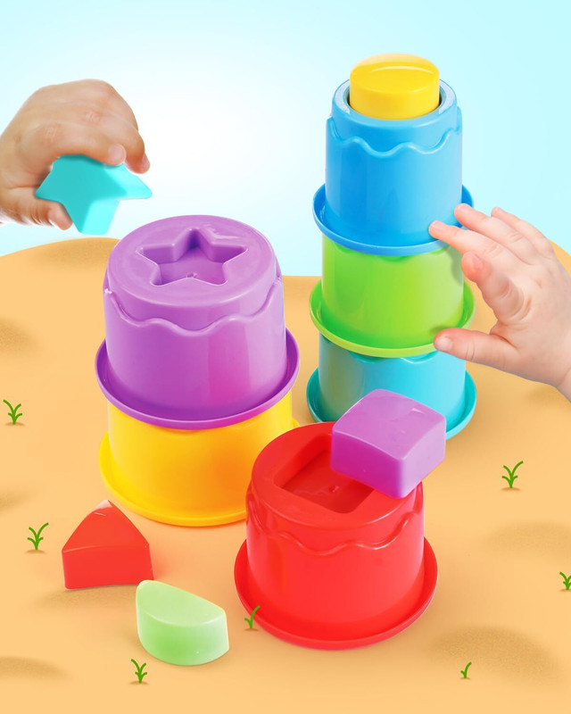 Intellibaby 12 Pcs 3in1 Shape & Stacking Cups for Sorting & Nesting Play for Baby| Non-Toxic(Multicolor)