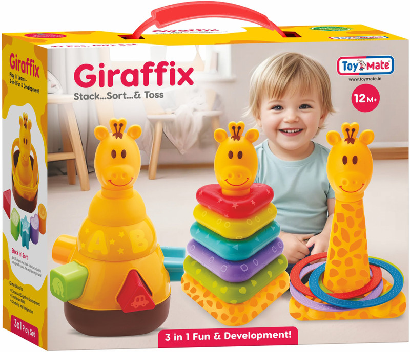 Toymate Giraffix – 3 in 1 Stacking Rings, Ring Toss and Shape Sorter Set for Kids 12M+(Multicolor)