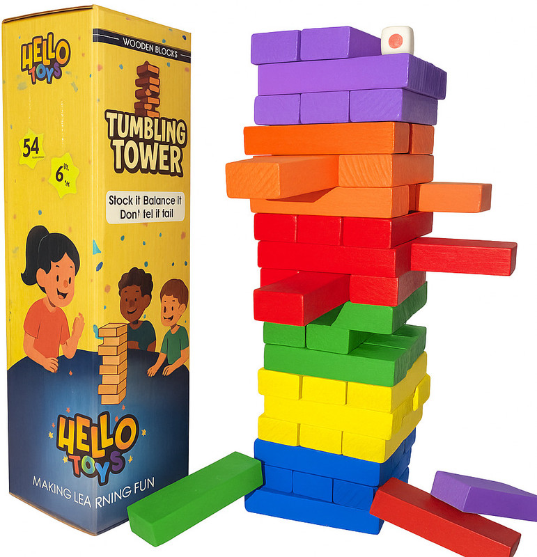 Hello Toys Colored Tumbling Tower Game (54 Pieces) | Family Indoor Stacking Challenge(Multicolor)