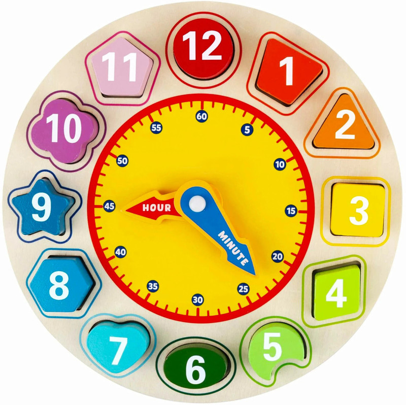 Stravos Wooden Shape Color Sorting Clock Teaching Time Number Blocks Puzzle Learning(Multicolor)