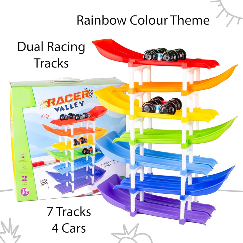 zokato Dual Car Ramp Racer Track Set with 7 Tracks and 4 Cars Rainbow Colour.(Multicolor)