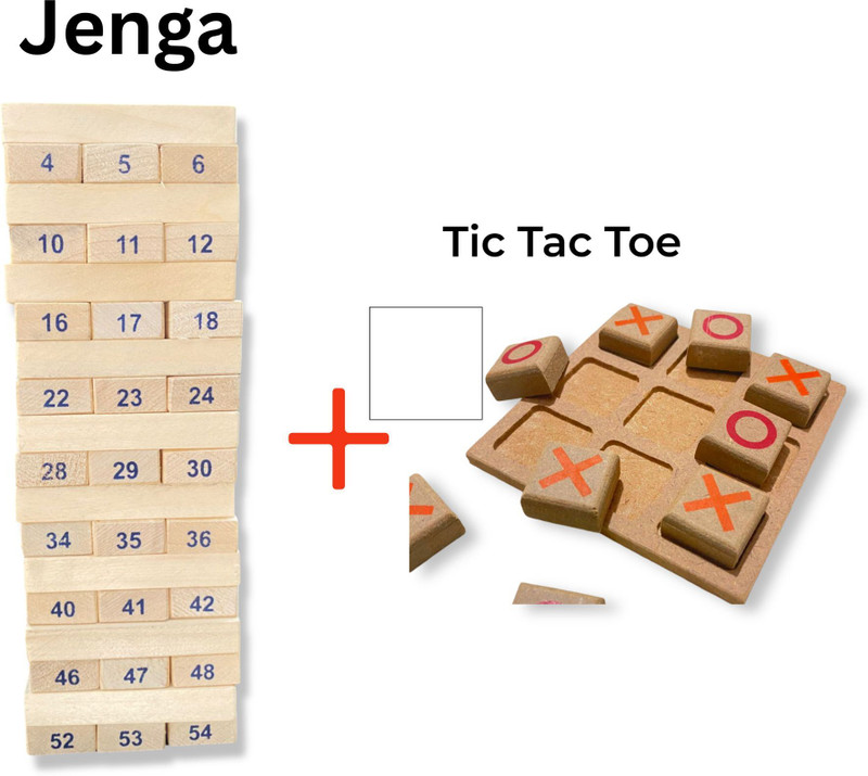 zeora 54pcs Wooden Tumbling Tower Block Game Set with 4 Dice & Tic Tac Toe Puzzle(Brown)