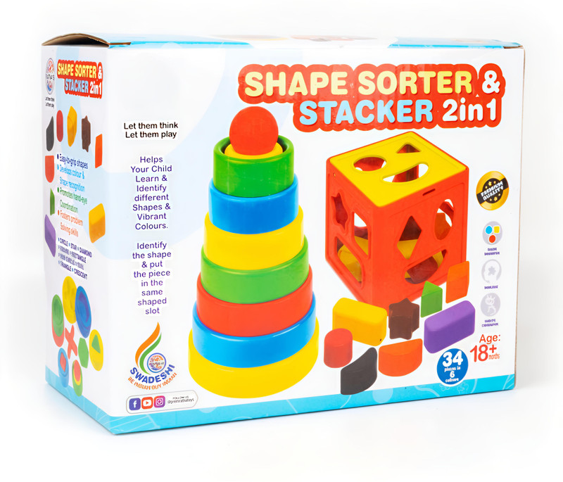 Planet of Toys Shape Sorter & Stacker 2-in-1 Educational Toy | Colorful Shapes – Learn Sorting(Multicolor)