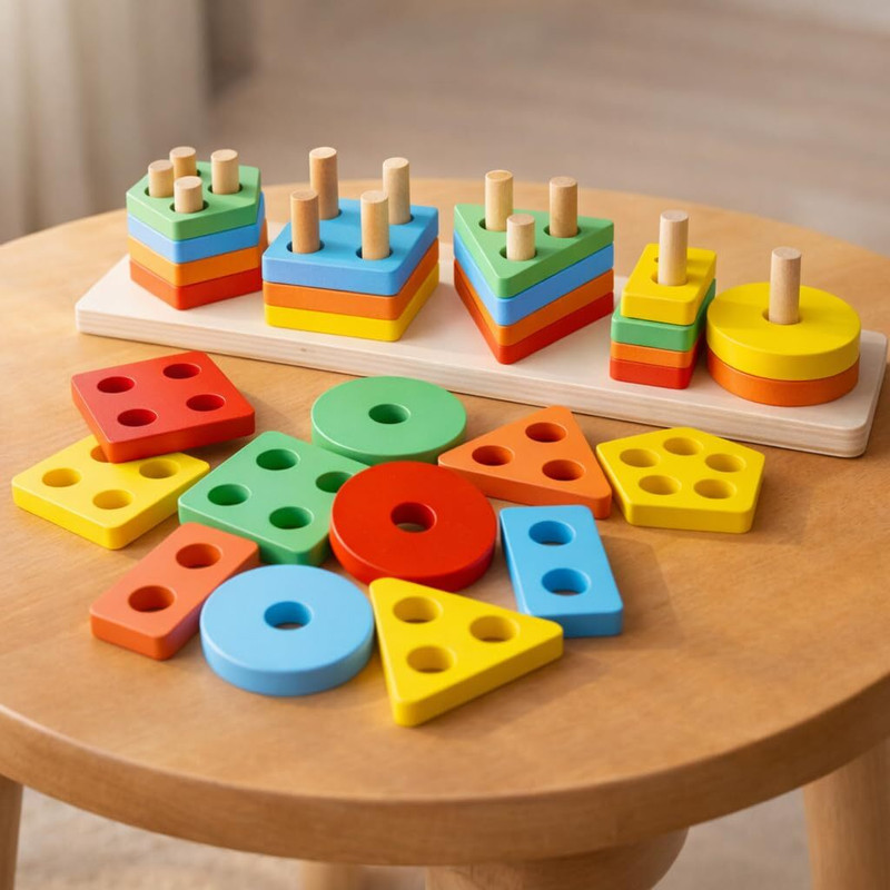 Mimico Kids Wooden Angle Geometric Blocks Stacker Shape Sorter(Multicolor)