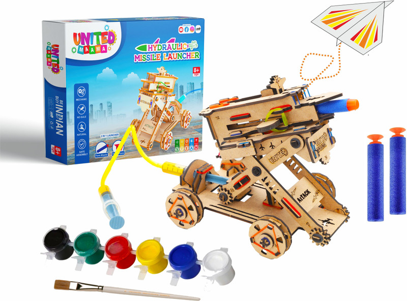 UnitedMaama 2 in 1 Missile & Plane Launcher STEM Wooden Kit, Kids Gifts For 8 To 14 Year(Blue)