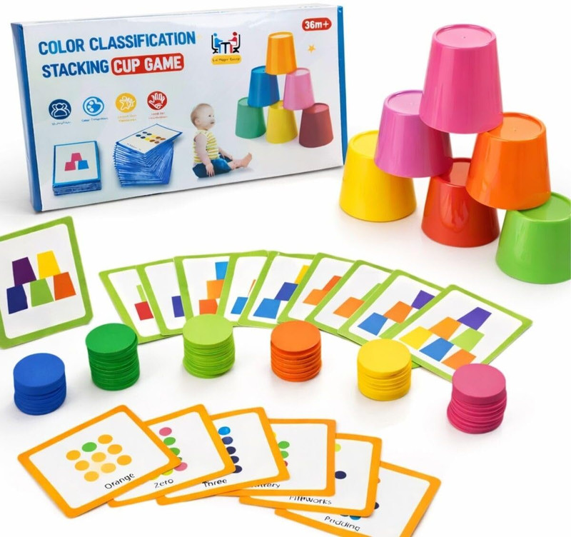 Glenston Stacking Cup Game for Kids with 6 Stacking Cups 60 Color Coins 50 Activity Cards(Multicolor)