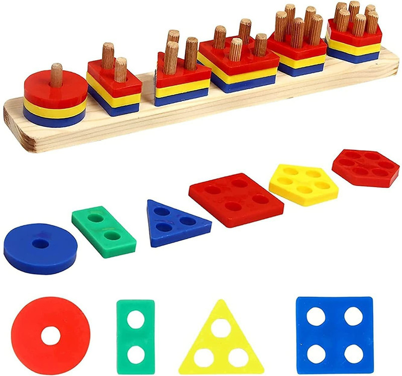 SPKART 5 Shape Color Wooden Asembly Sorter Stacking Eco-Friendly Geometric Learning Toy(Multicolor)