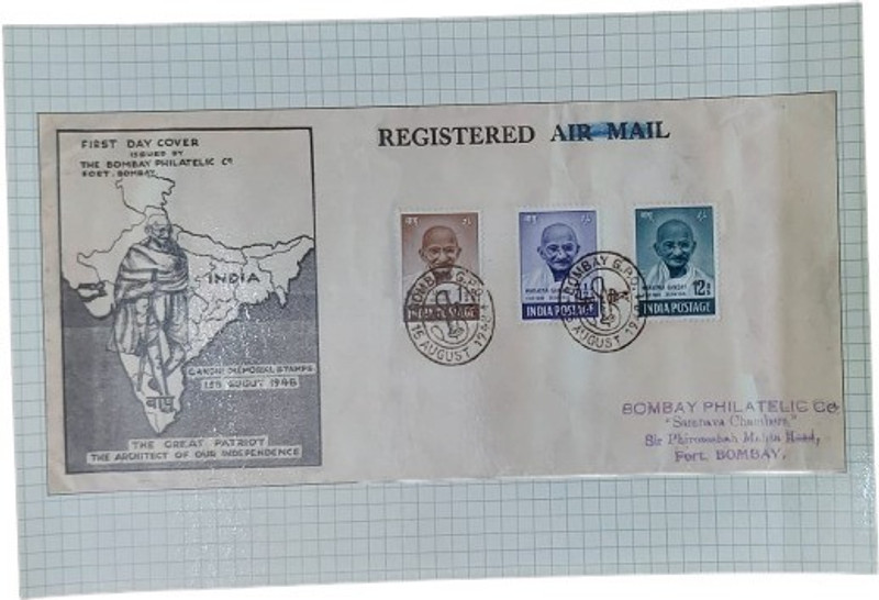 rbf RARE FIRST DAY COVER GANDHI MOURNING COVER 15/08/1948 POST CARD Stamp Page Sheet(3 Stamps)
