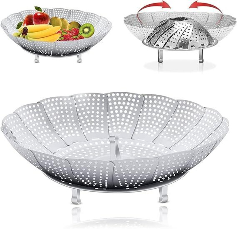 Khedu Fab Premium Stainless Steel Veggie Steamer Basket - Folding Expandable Steamers Stainless Steel Steamer(2 L)