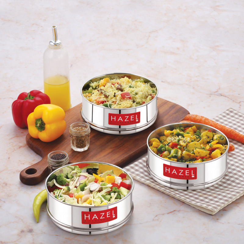 HAZEL Stainless Steel Stackable Separator, Cooker Dabba for Cooker - 13 cm, Set of 3 Stainless Steel Steamer(0.6 L)