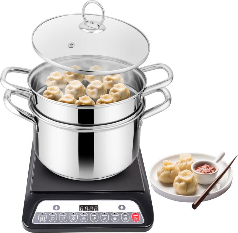 PRABHA Stainless Steel 3 Tier Steamer, Momos Maker with Glass Lid , Induction Base Stainless Steel Steamer(2 L)