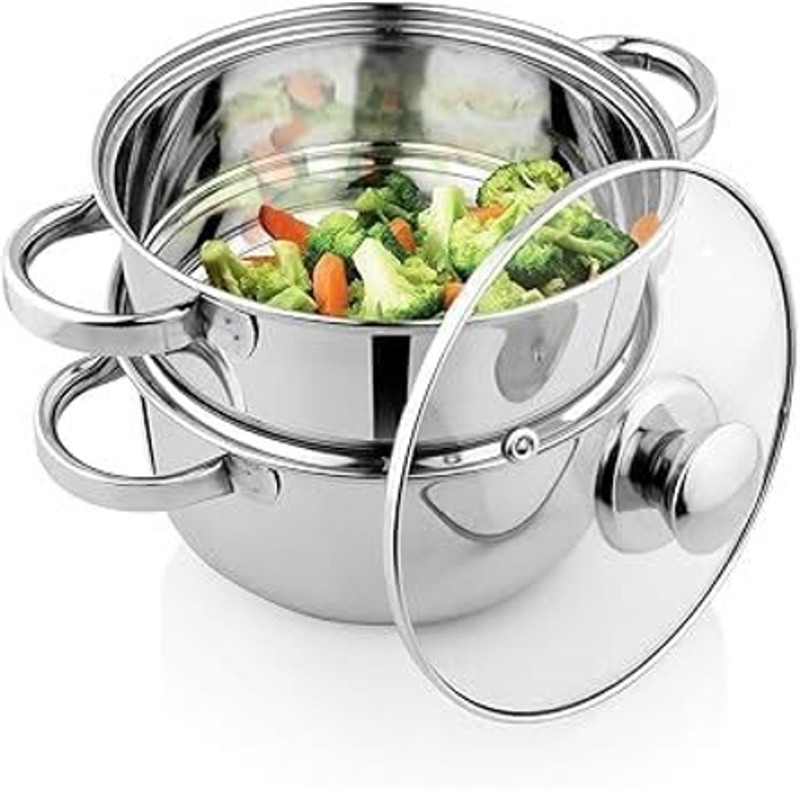 SRC Christo Stainless Steel 2 Tier Steamer with Glass Lid (20cm) Pack of 1, Momos Steamer Stainless Steel Steamer(2 L)