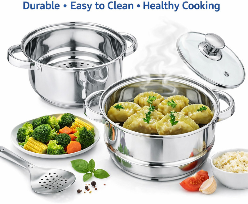 HARVISON TRADERS 2 Tier Momo Steamer For Kitchen With Glass Lid Stainless Steel Steamer(4.5 L)