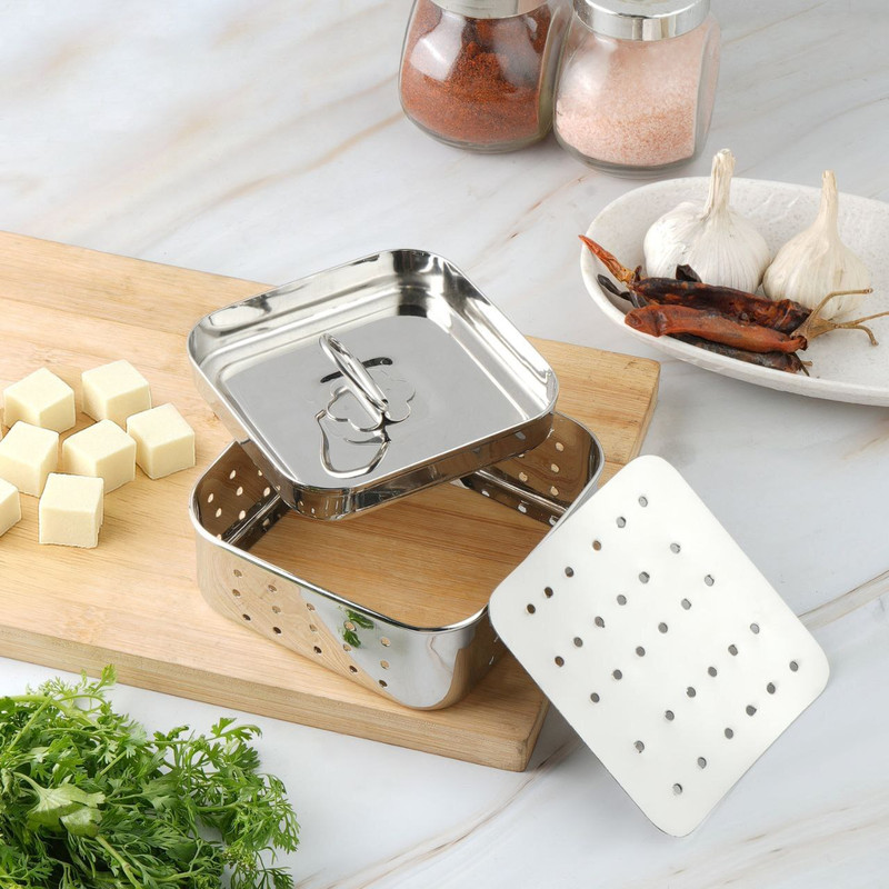 AadiVeer Square Paneer Maker 300ml Small Size | Stainless Steel Tofu Maker Press With Lid Stainless Steel Steamer(0.3 L)