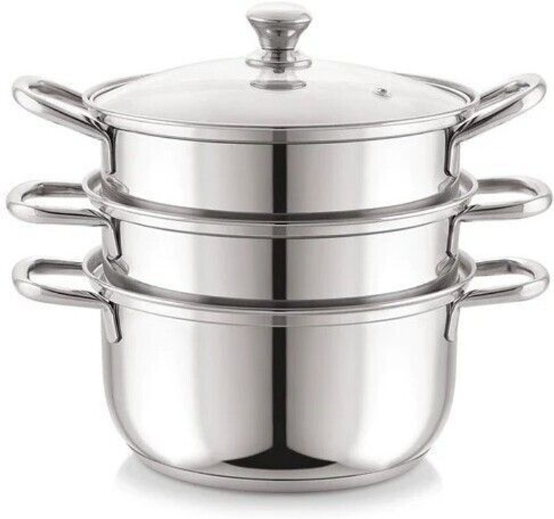 sonu Triply Base 3 Tier Steamer | Momo Maker| Vegitable | Modak Maker with Glass lid Stainless Steel Steamer(2 L)