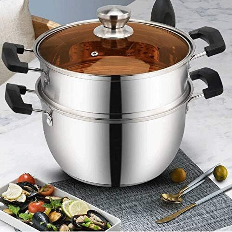 ANV Enterprise Double Boiler Steamer with Glass Lid, Idli Dhokla Momos Maker Stainless Steel Steamer(2 L)