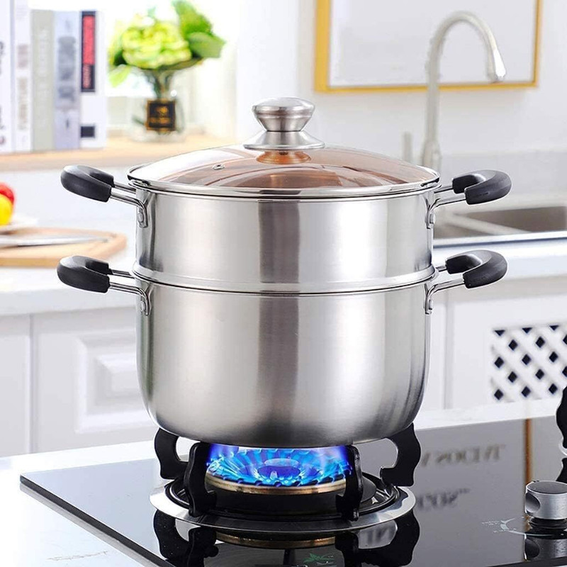 pinkparifashion Small ss boiler with lid 2 Tier Boiler Pot with Lid Stainless Steel Steamer(2 L)