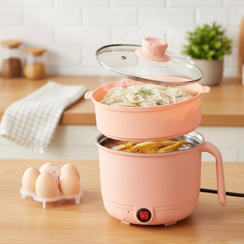 mbuys Electric Cooking Pot With Steamer Glass, Stainless Steel, Plastic Steamer(1.5 L)