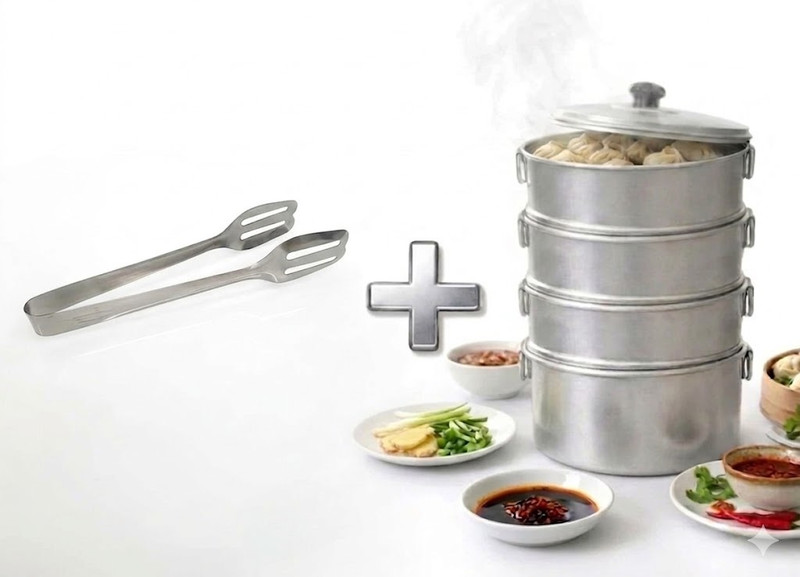SHRI VASUNDHRAM Combo Pack 4Tier Momos Steamer +Momos Tong|Idli Aluminium Steamer(2.3 L)