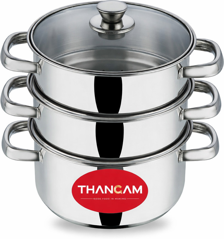 THANGAM Stainless Steel 3 Tier Steamer Pot 20cm Idli Dhokla Cooker Lid Induction Base Stainless Steel Steamer(4 L)